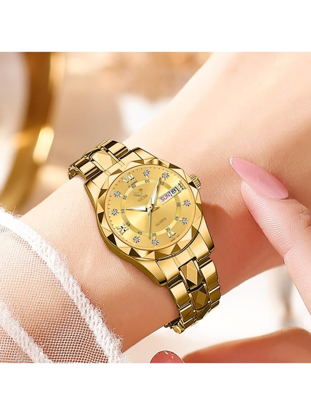 Men Women's Gold band and Gold dial Couple Watches Set Luxury Diamond for Lovers - Picture 4 of 7